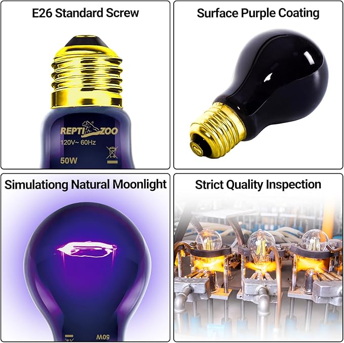 REPTI ZOO 2PCS Reptile Night Heat Lamp, 50W Moonlight Heat Bulb Infrared Heating Light Purple Reptile Heat Lamp Night Bulb for Bearded Dragon, Lizard, Snake, Turtle
