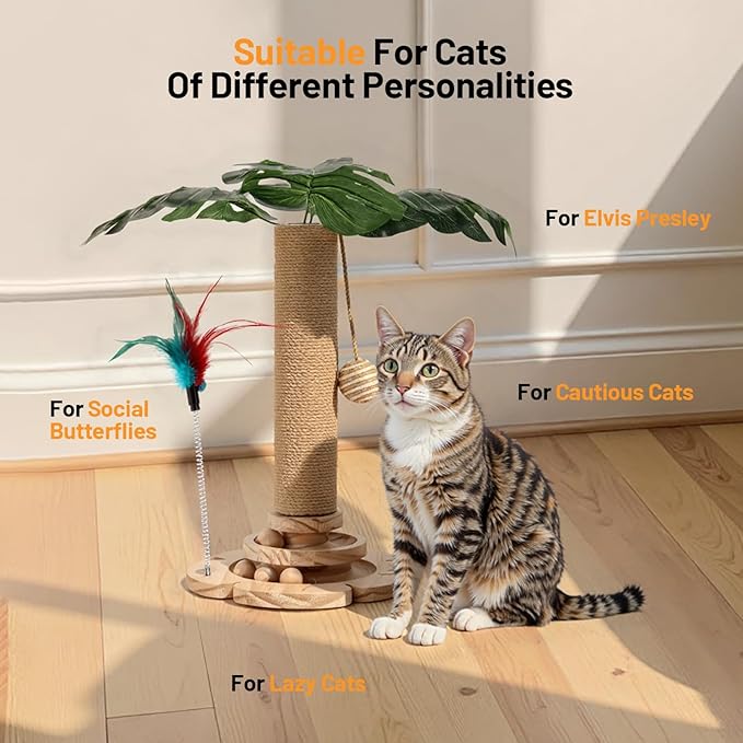 Cat Scratching Post for Indoor Cat Sisal Kitten Scratching Post with 3D Leaves,Hanging Ball,Wooden 2 Level Track,Interactive Toy