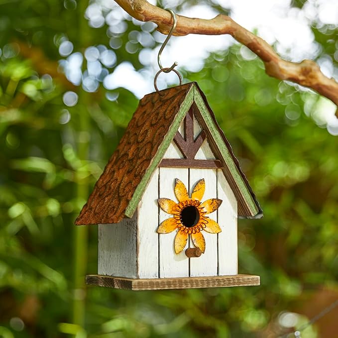 Glitzhome 8.25" H Solid Wood Decorative Hanging Bird House Distressed Cottage Outdoor Garden Birdhouse with 3D Metal Roof and Flower