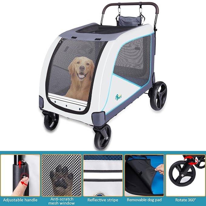 Ownpets Extra-Large Dog Stroller for Large Dogs Up to 154lbs, with Hanging Storage Bag, Foldable Dog Wagon with Adjustable Handle & Breathable Mesh, 4 Wheels Pet Stroller