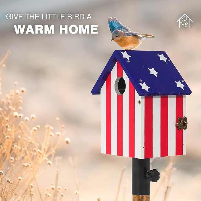Flag Style Large Bird House for Outside with Metal Tube, Thicken Wooden Hanging Birdhouse with Clear View Panel Clear View Panel Predator Guard Nesting Box for Swallow Wren Chickadee Finch Bluebird