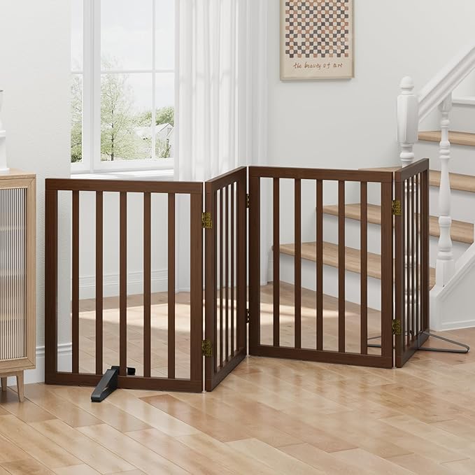 Dog Gates for Doorways, Freestanding Dog Gate Indoor, Foldable Pet Gates for Doorways Bedroom, Puppy Gate with Metal Support Feet, Room Divider 4 Panels (Dark Walnut)