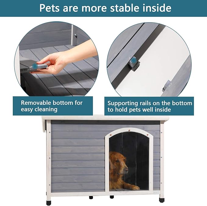 Petsfit Wooden Dog House Extreme Outback Log Cabin Weatherproof Outdoor Pet Kennel, Light Grey, Large/45.6" x 30.9" x 32.1"