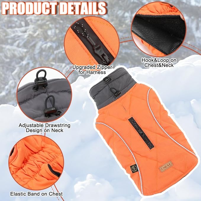 EMUST Winter Dog Coat for Medium Boys - Thick Clothes with Harness Hole for Cold Weather, Orange, M