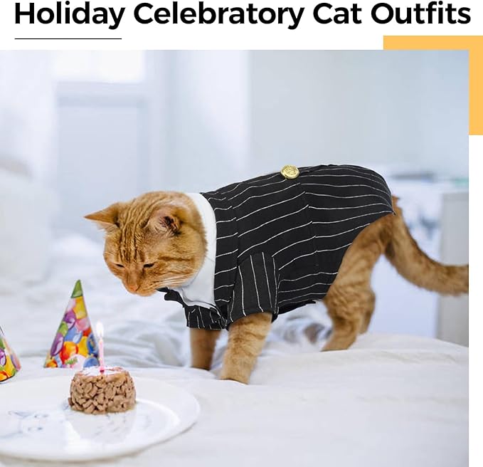 DENTRUN Cat Tuxedo Outfit, Sphynx Cat Costume Formal Suit with Bow Tie, Stylish Cat Shirt Fashion Apparel Fancy Clothes, Kitten Formal Attire Wedding Onesie Costume for Cats Only