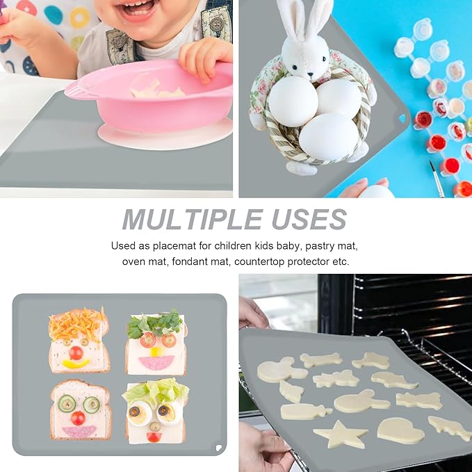 KVK Silicone Placemat for Toddles Kids Non-Slip Reusable Portable Baby Placemats for Restaurant Stain-Proof Children Food Mats Eating Table Mat 2 Pack (Silver Gray)