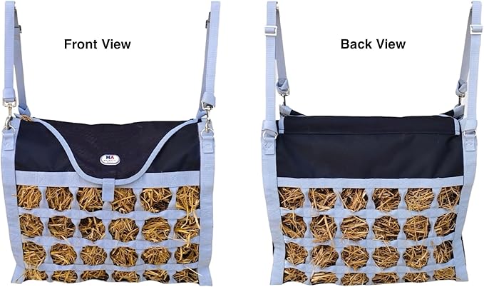 Majestic Ally Animal Health Hay Bag for Horses, 2.5" Holes, Top Load, Travel Feeder, Reduces Waste, 1 Year Warranty, Multiple Colors (Gray-Black)