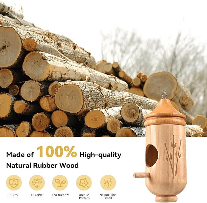 Hummingbird House, Solid Wood Hummingbird Houses for Outside-Exquisitely Handcrafted Birdhouse with Bow and Jute String Hanging Kit, Durable Garden Decor, Perfect Gardening Gift (Style-B, 1 Pack)