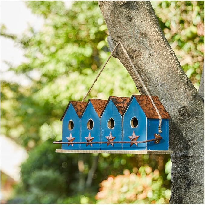 Glitzhome 17" L Retro Blue Distressed Solid Wood Birdhouse with Perch Garden Hanging Bird House for Outdoors