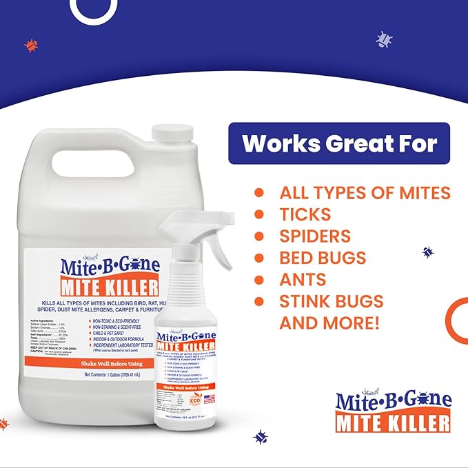 Mite Killer Treatment Spray Pack by Mite-B-Gone — Kills All Types of Mites, Dust, Spider, Rat, Carpet & Bird Mites | Safe for Homes, Furniture & Animals | Non-Toxic | Kid & Pet Friendly | 1 Gal 4-Pack