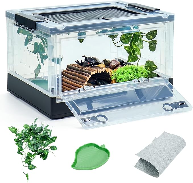 Foldable 16" Reptile Terrariums, Snake Tanks, and Enclosures for Bearded Dragons, Iguanas, Lizards, Crested Geckos -Clear Views, Portability, High-Temperature Resistant Iron Mesh Ventilation