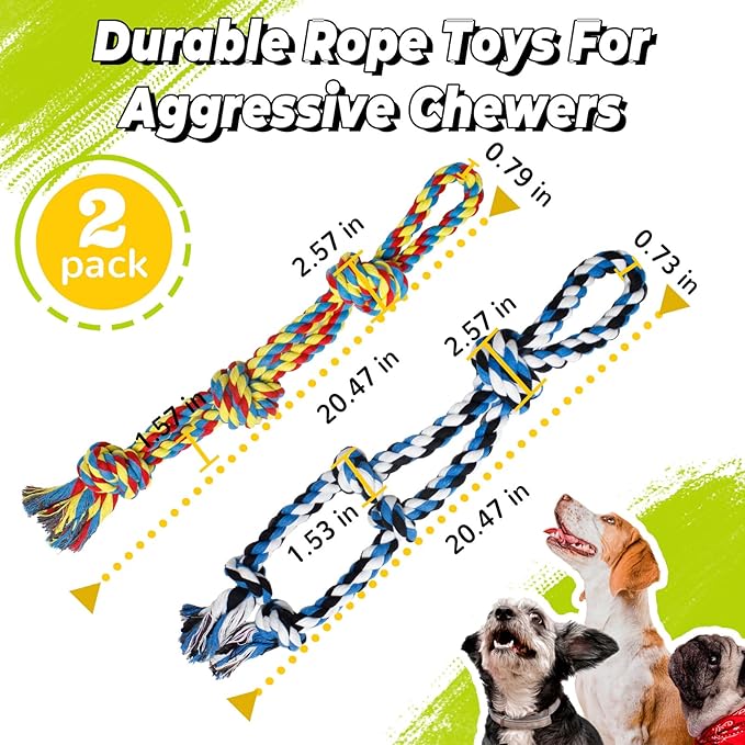 YALAVA 2 Pack 20 Inch Dog Rope Toy for Aggressive Chewers, Heavy Duty Chew Toys for Teeth Cleaning, Cotton Rope Dog Tug Toy for Medium to Large Breed