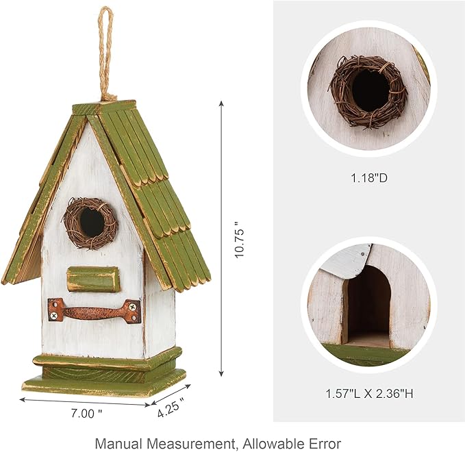 Glitzhome Bird Houses for Outside, Bluebird Houses for Outdoors, 10.75" H Green Roof Garden Wooden Birdhouse Hand Painted Hanging Distressed Bird House for Finch Cardinals Swallow Wren Chickadee