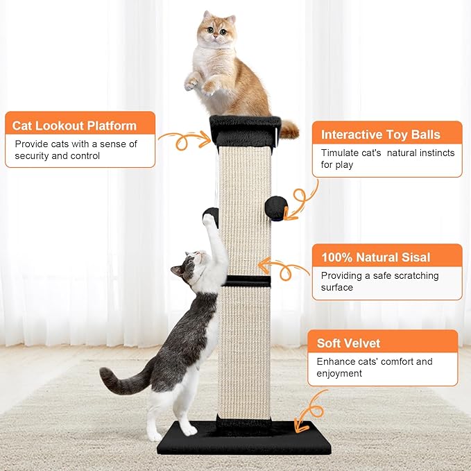 Cat Scratching Post 33 Inch Nature Sisal Cat Scratch Post for Indoor Cats, Large Cat Scratcher Protect Your Furniture, Black