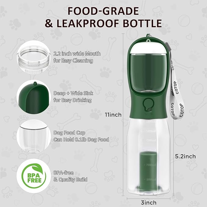 20oz Dog Water Bottle with Food Container & Poop Bag Dispenser | Leak-Proof Portable Pet Water Dispenser with Carabiner Clip | for Walking, Hiking, Travel