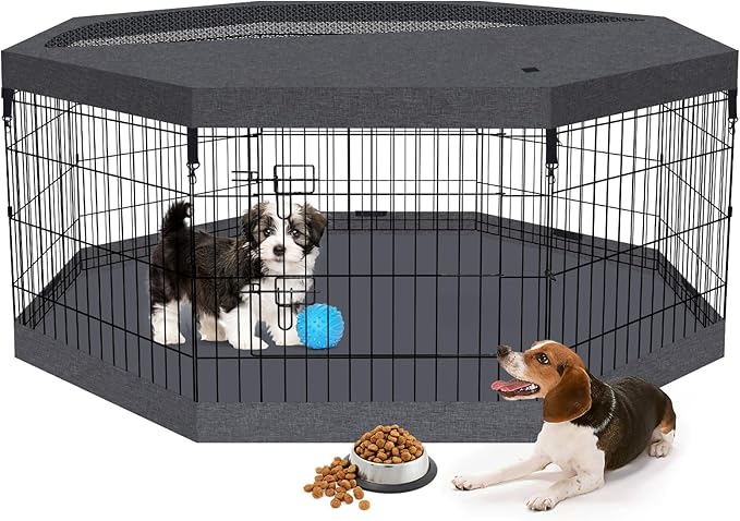 Foldable Metal Wire Dog Pen Pet Playpen Dog Fence Indoor Exercise Pen Enclosure Indoor Outdoor with Bottom Pad and Top Cover (Black 24 top Bottom Cover)
