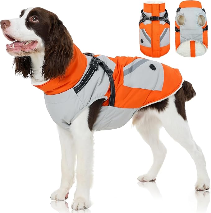 FUAMEY Dog Winter Jackets for Large Dogs,Dog Coat with Harness Built in,Waterproof Dogs Snowsuits Warm Pet Jacket Zip Up Fleece Cold Weather Coats Reflective Puppy Vest with Pocket Orange XL