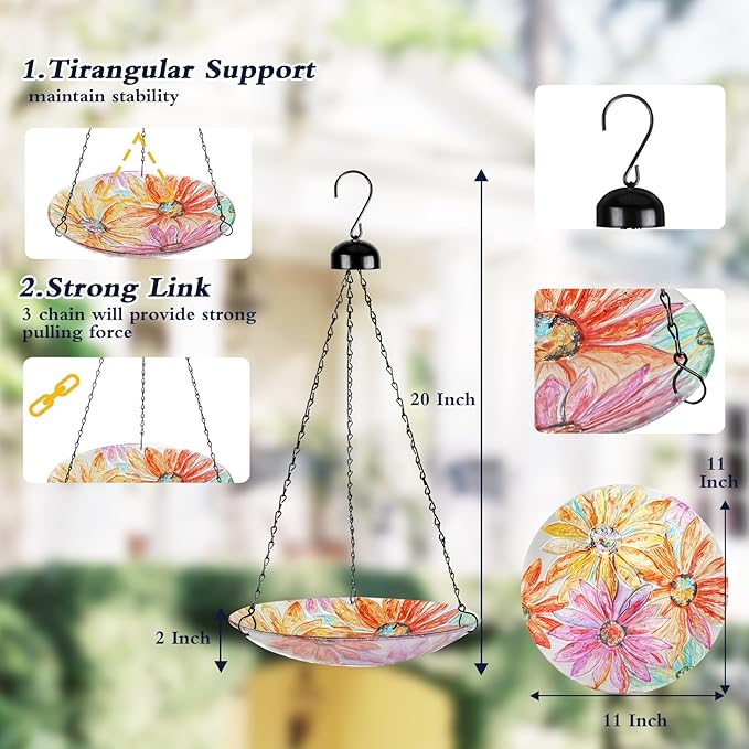 MUMTOP Hanging Bird Bath-Bird Baths for Outdoors - 12 Inch Watercolour Daisy Glass Bird Water Bowl Bird Feeders for Outside, Garden, Lawn Yard Decor