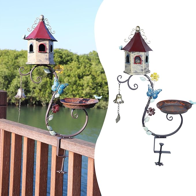 Deck Bird Bath, 2 in 1 Metal Bird Bath and Bird Houses, Decorative Deck Mounted Bird Baths, Detachable and Adjustable Sturdy Deck Bird Bath for Outdoor Porch Yard Garden Decoration