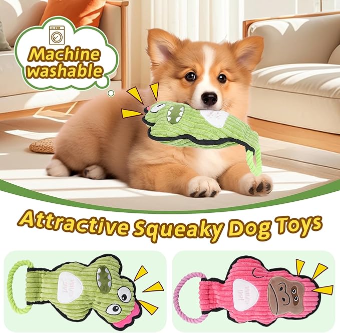 2-Pack Squeaky Dog Toys & Tough Tug of War Set - No Stuffing Chew-Resistant Plush Toys to Keep Them Busy, Best Birthday Gift for Small/Medium/Large Breeds (Dino & Gorilla)