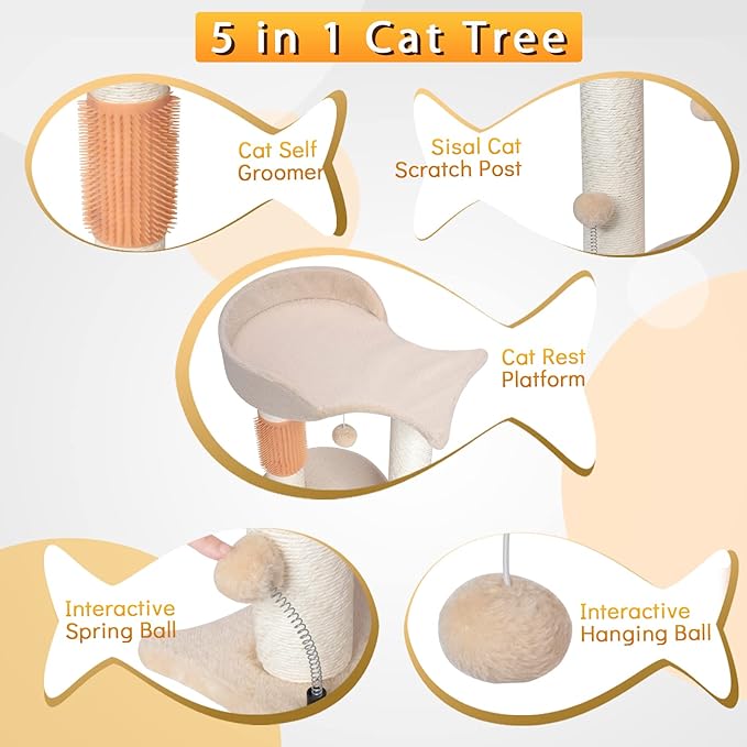 5-in-1 Cat Tree Tower Multifunction Cat Scratching Post Featuring with Fish-Shaped Rest Platform Cat Self Groomer Danging Ball Spring Ball, Ideal for Indoor Cats or Kittens - Cream