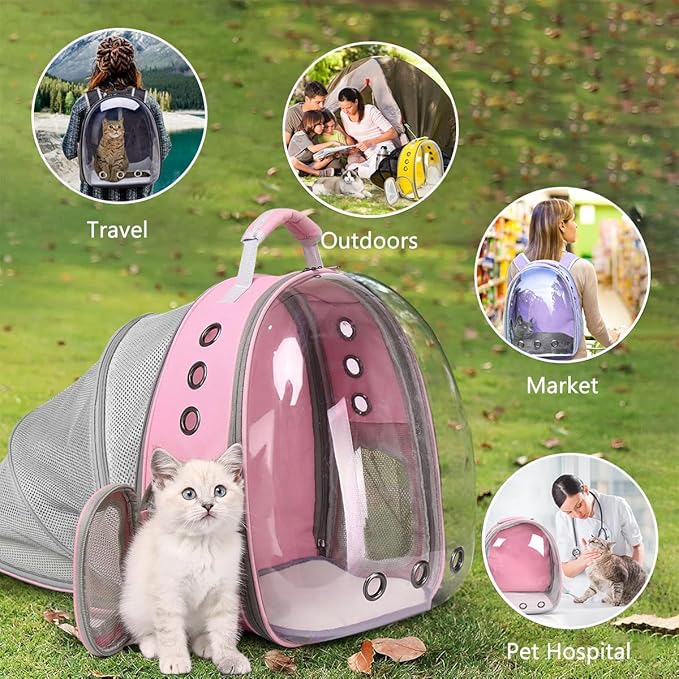 Cat Backpack Carrier Bubble Expandable Foldable Breathable Pet Carrier Dog Carrier Backpack for Large Big Cats Hiking, Travelling, Camping (Back Expandable-Pink)