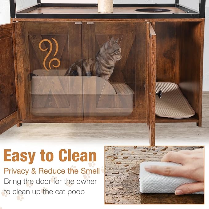 Cat Litter Box Enclosure, Wooden Cat Tree with Hidden Litter Box Enclosure, Indoor Cat House with Condo, Hammock Scratching Mat and Storage Shelves (Brown, Large)