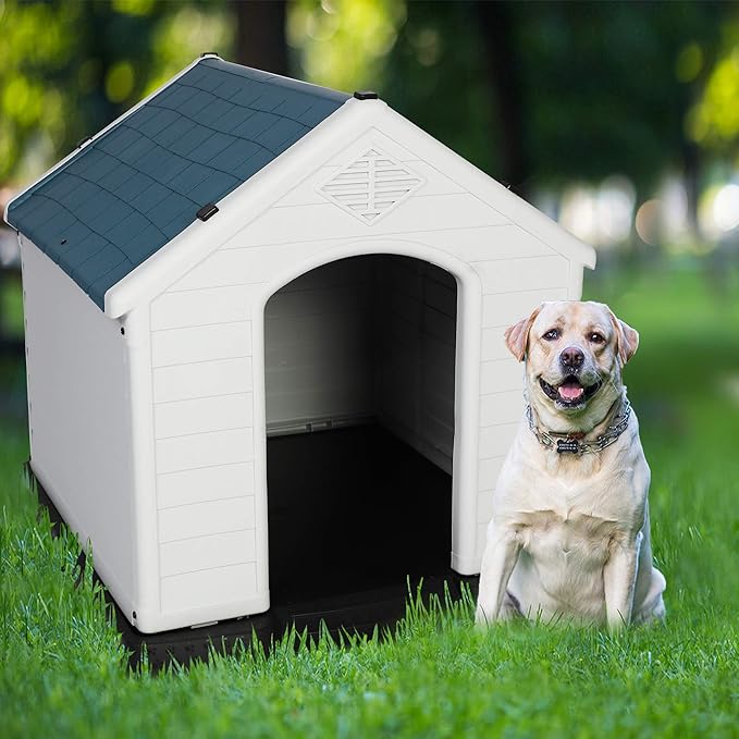 LUCKYERMORE Large Dog House Outdoor Indoor Pet Dog Puppy Shelter Crate Plastic Weather-Resistant Cage, Large
