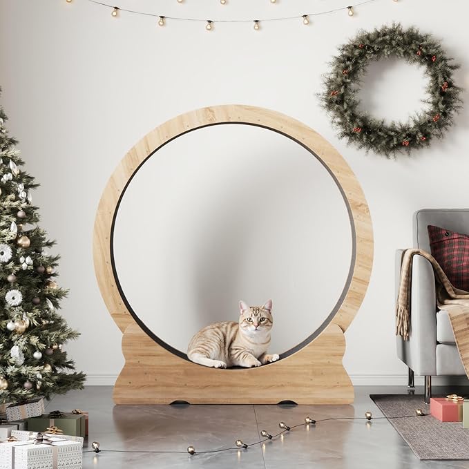 Cat Exercise Wheel, 43.3 inch Cat Wheel for Indoor Cats with Carpeted Runway, XL Treadmill with Removable Carpet and Teaser, for Running Walking Training (Natural Wood)