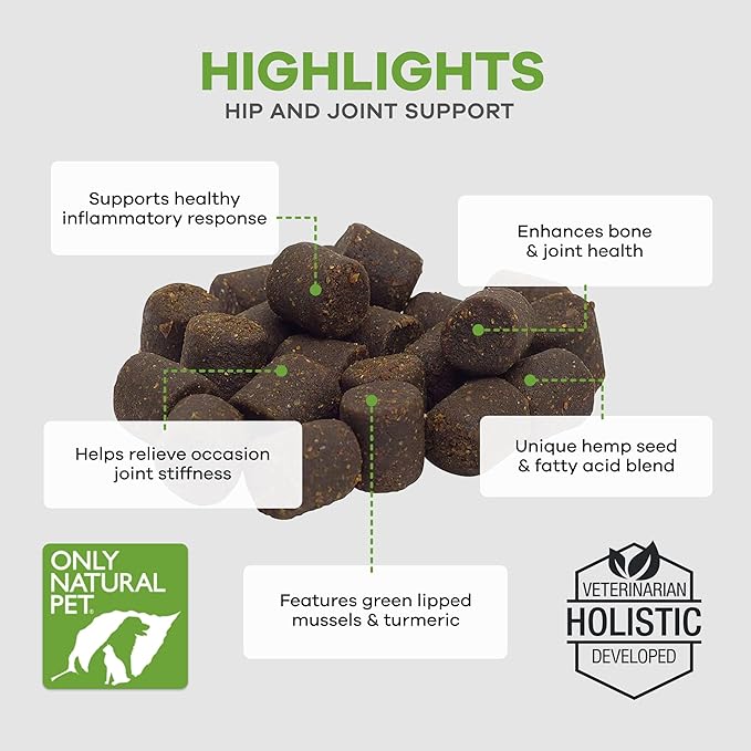 Only Natural Pet Hemp Hip & Joint Support for Dogs - Supplement for Mobility Wellness Pain Relief Healthy Inflammatory & Bone Stiffness - Chews w/Fatty Acid Blend Mussels & Turmeric - 120 Count (H/J)