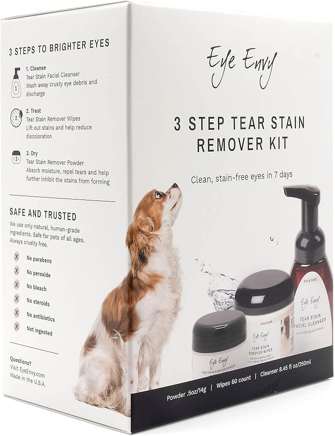 Eye Envy 3 Step Tear Stain Remover Kit for Dogs | Clean, Stain-Free Eyes in 7 Days | Contains: Cleanser 8.45 fl.oz, Wipes 60 Count and Powder 0.5oz | Non-irritating and Natural