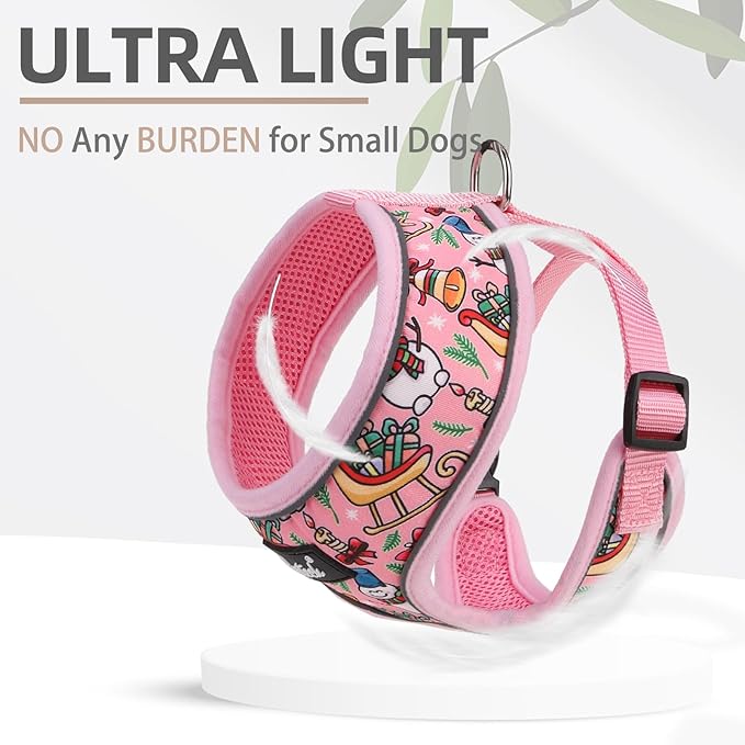 PUPTECK Soft Mesh Dog Harness and Leash Set Pet Puppy Cat Comfort Padded Vest No Pull Harnesses, Christmas Bright Pink, S