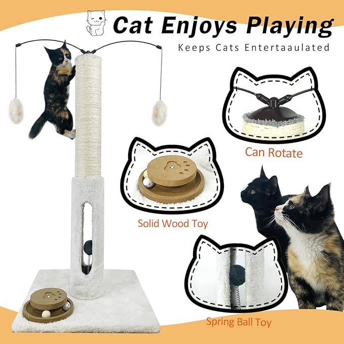 31" Cat Scratching Post Kitten Toys for Indoor Cats Interactive Scratcher with Tracking Ball, Sisal Scratch Rope for Large Cats,Sturdy Base Cat Scratch Post, (Beige, 31" H)