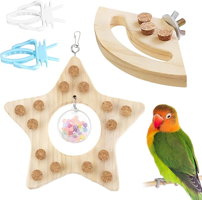 2 Pcs Bird Chew Toy Wooden Foraging Toys, Hanging Wooden Puzzle Foraging,Parrot Cork Stopper Toys Birds Feeding Toy,2 Pcs Bird Cage Food Holder Fruit, for Small and Medium Parrots(A)
