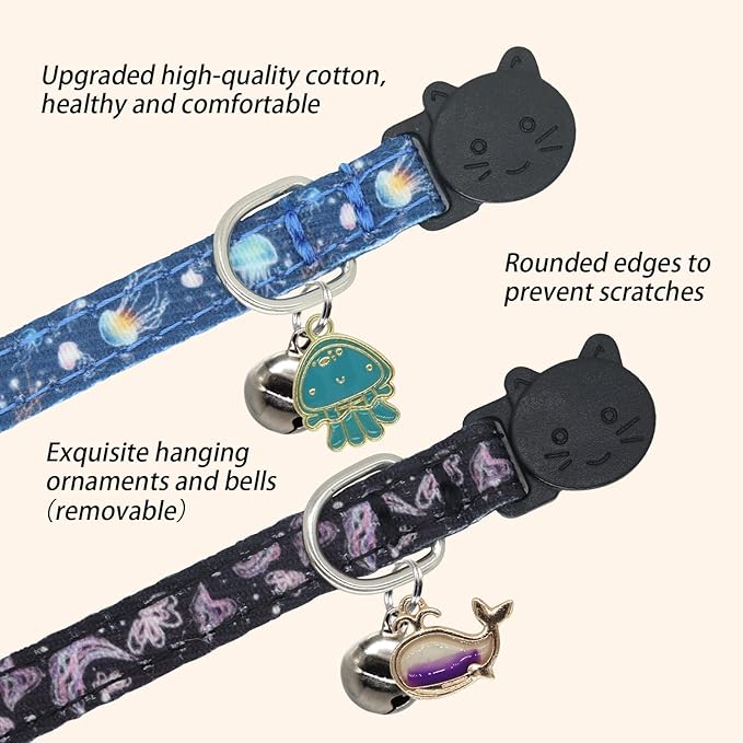 Cat Collar Breakaway, 2 Pack Cotton Cats Collars with Bells, Cute Ocean Shaped for Girl Boy Kittens