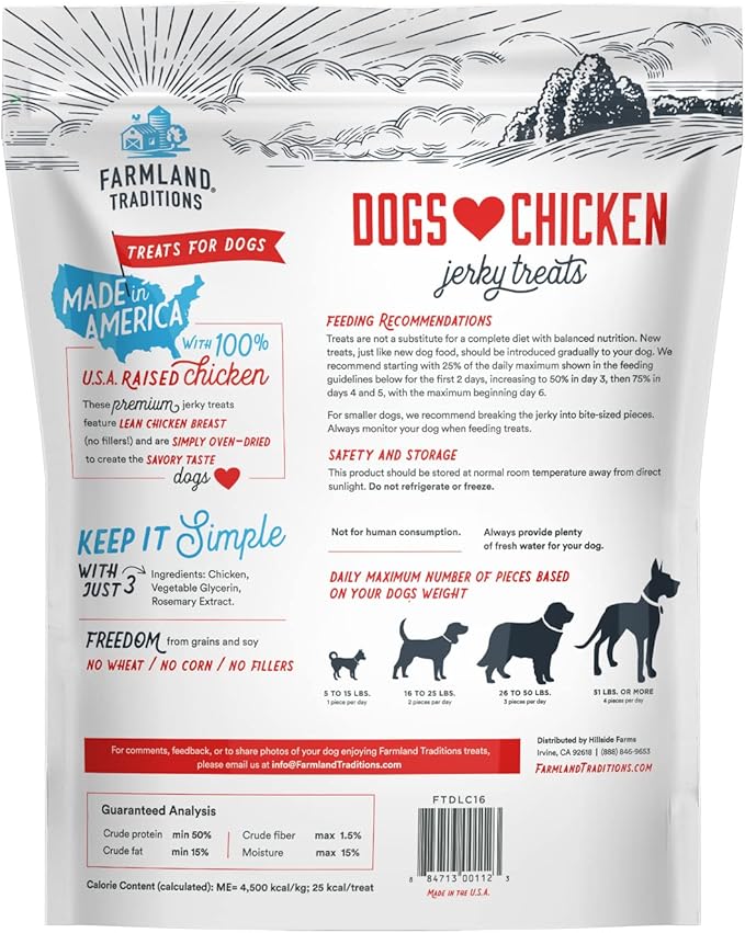 Farmland Traditions Dogs Love Chicken Jerky Dog Treats with Only 3 Ingredients and No Fillers, 1 Pound Bag (Pack of 2)