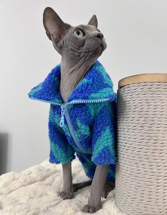 Turtleneck Sphynx Cat Winter Clothes, Double-Sided Fleece Jacket with Zipper, Sweater for Sphynx Cat Winter Warm Outfit Coat for Hairless Cats and Small Dogs Apparel with Sleeves (Lightning, Large)