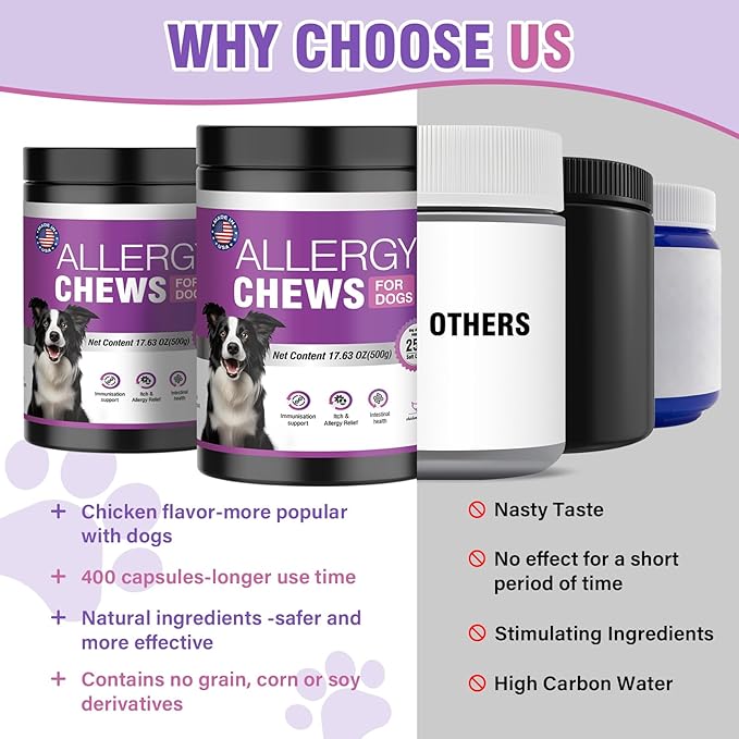 Dog Allergy Chews 500PCs, Dog Allergy and Itching Skin Relief Anti Itch Aller Immune Bites for Dogs Itching Licking Paws Treatment Relief Itchy Chew Probiotics Vitamins for Skin and Coat Allergies
