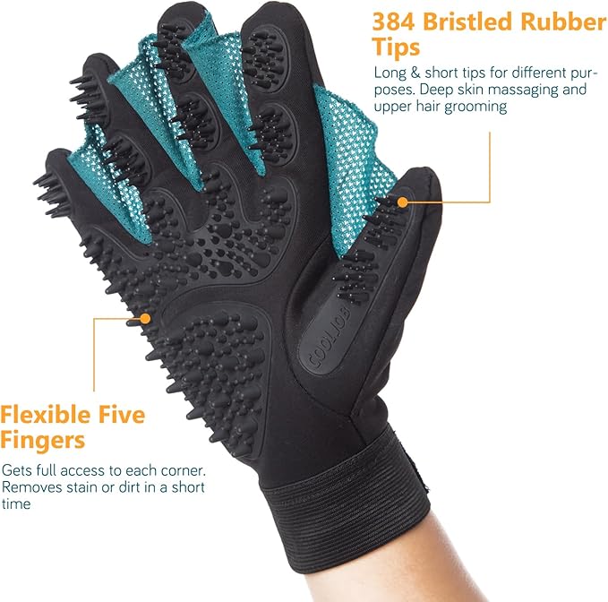COOLJOB Patented Pet Grooming Gloves with Web, Reusable Washable Cleaning Brush Massage Hair Remover for Short Long Haired Dog Cat Horse Animal, Washing Bathing Shedding Supplies, Small, Blue Black