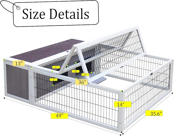 Tortoise House Habitat Wooden with Waterproof Cover, Chicken Coop with Run Rabbit Hutch Small Animal Hutch Enclosure Indoor/Outdoor-Grey + White Trim