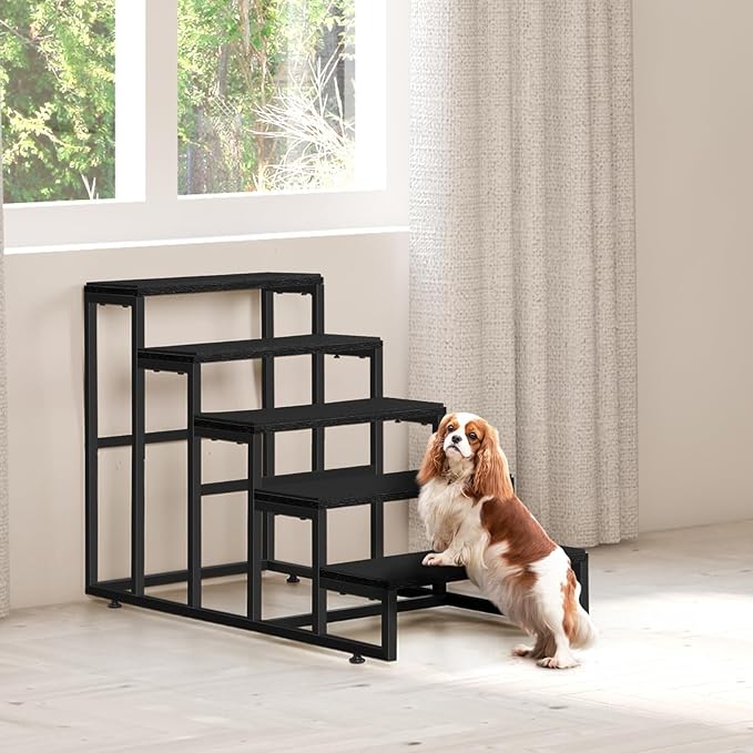 5 Steps Wooden Dog Stairs for Small & Large Dogs, High & Tall Beds - Black, Supports up to 100 lbs