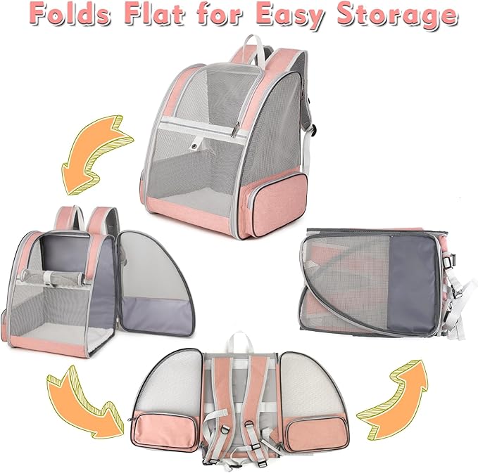 Cat Backpack Carrier, Large Pet Backpack with Kitten Wand Feather Toy for Medium Small Dog Cat Puppy Kitty Bunny up to 15lbs, Ventilated Mesh Dog Travel Carrier for Hiking Walking Outdoor Use (Pink)