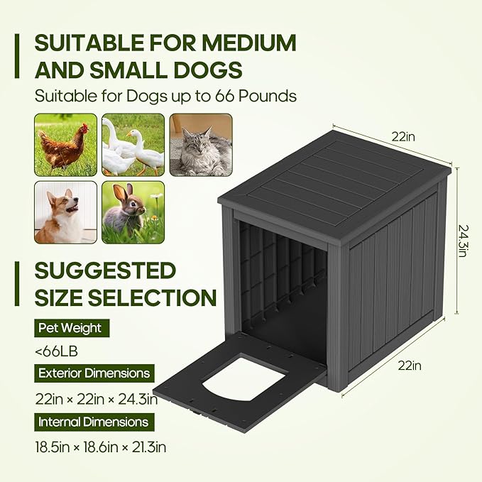 ROJIK Dog House Outdoor Waterproof,Resin Puppy Shelter Indoor with Flip Lid and Elevated Floor,Cat Duck Chicken Shelter, Portable and Easy Assembly(Black)