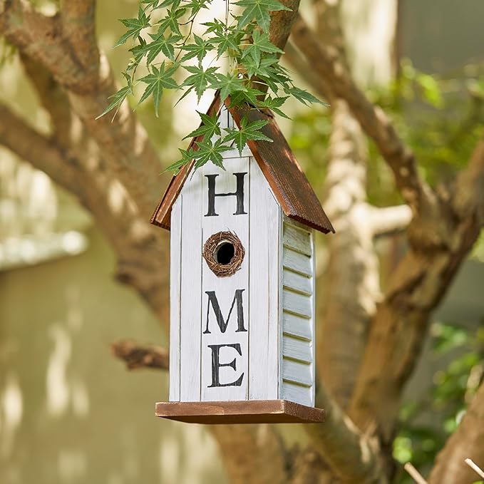 Glitzhome Decorative Bird Houses for Outdoors,14.75" H Distressed Bluebird House Solid Wood Hanging Bird House Home Inspiration Decorative Pet Cottage Outdoor Garden Birdhouse,Washed White
