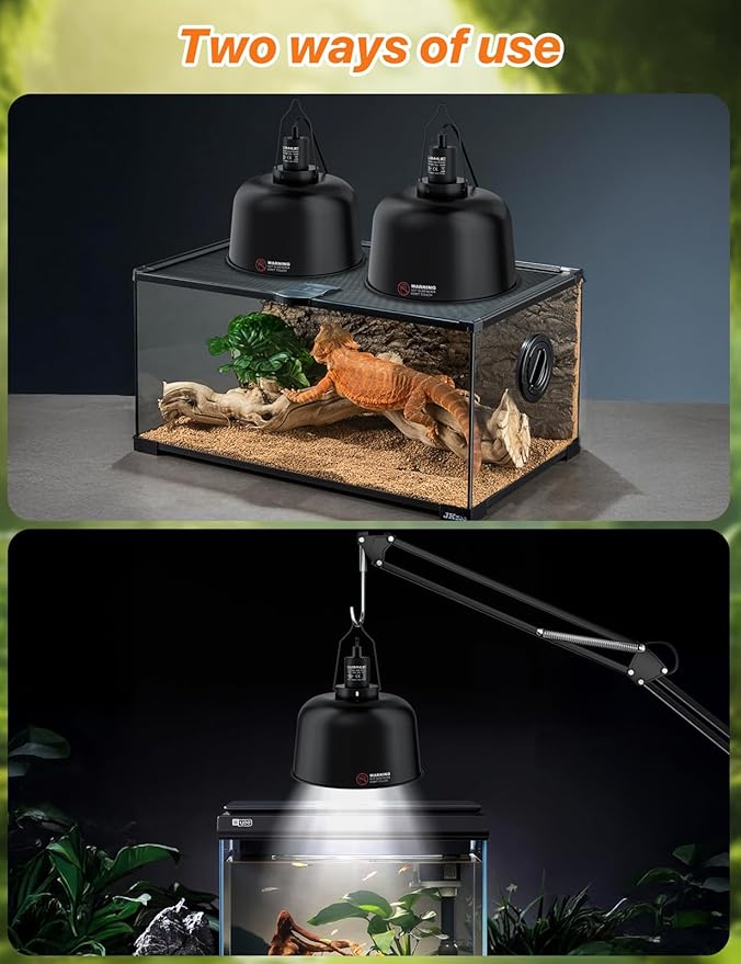 2 Pack 8.5" Deep Dome Reptile Heat Lamp Fixture with Clamp, ETL Certified Ceramic Socket for UVA/UVB Basking Bulbs & Heat Emitters, for Bearded Dragons, Turtles, Lizards, Snakes, Geckos, Terrariums