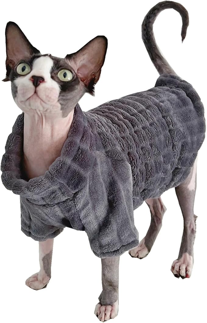Turtleneck Sweater for Sphynx Cat Soft Coral Fleece Cat Clothes Thick Winter Warm Outfit Coat for Hairless Cats and Small Dogs Apparel with Sleeves (Grey, S (3-5 lbs))