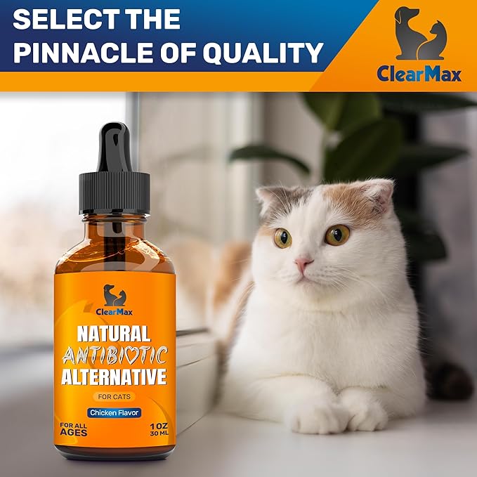 Cat Antibiotic to Help with Cough & Allergies โ Antibiotics for Cats to Aid with UTIs and Digestive Moments โ HIPS & Joints Support โ Attractive Chicken Taste โ 1 Oz Bottle