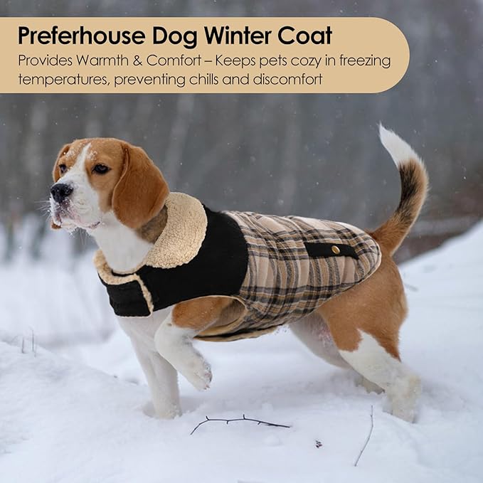 Winter Coat for Medium Dogs, Dog Plaid Jacket, Pets Coat for Cold Weather, Windproof Warm Garments, Pet Thickened Outfits Indoor Outdoor, Beige M
