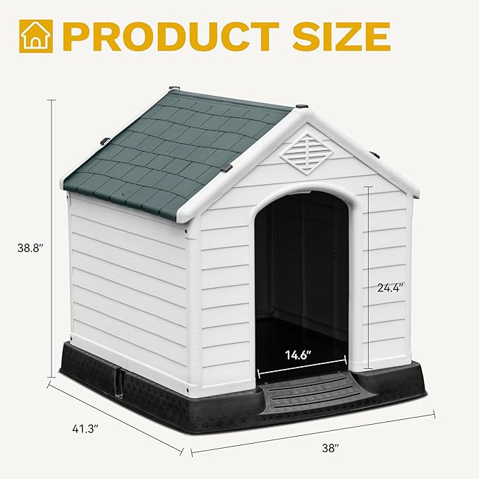 DWVO Large Plastic Dog House, Weatherproof Outdoor/Indoor Doghouse, Puppy Kennel with Air Vents and Elevated Floor, 41.3''L*38''W*38.8''H, Gray