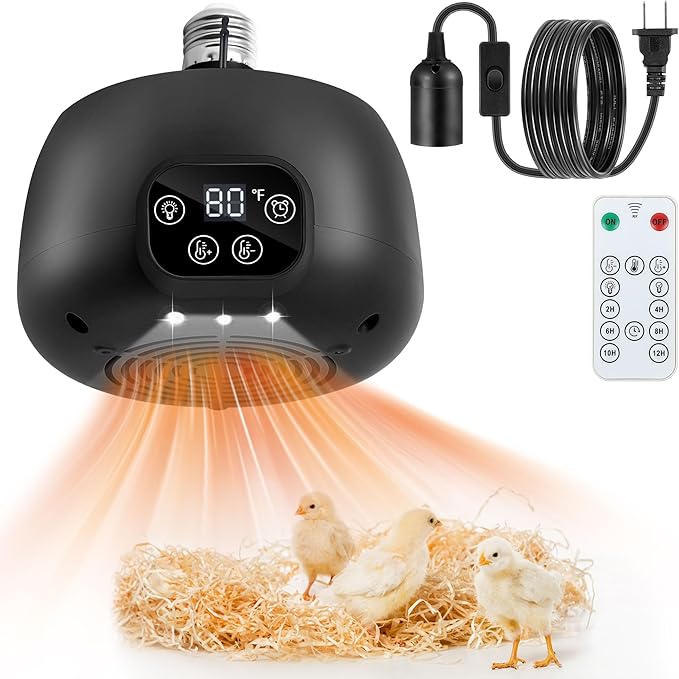1 Pack Chicken Coop Heater with Remote, 200W Chicken Coop Warmer Temperature Control with Lights, Heat Lamps for Chickens with Digital Display and 5Ft Cable for Reptiles/Duck/Lizard